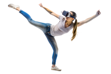 Active young woman throwing a kick in a vr 
game against a white background