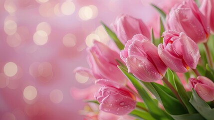 Obraz premium Pink tulip arrangement on a pink background with bokeh lights, decorative style