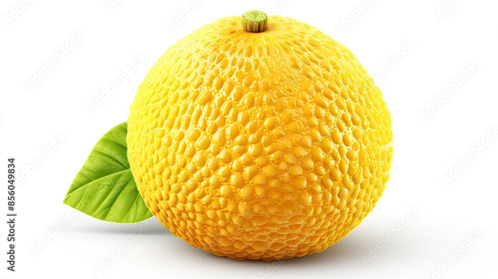 Poster 3d rendering of a yellow citrus fruit with a green leaf, isolated on a white background. the fruit h