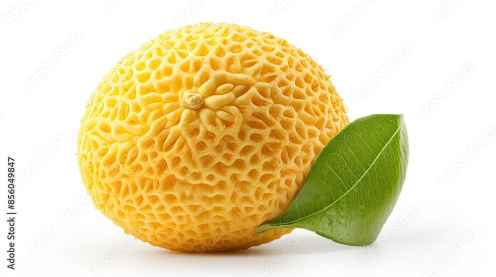 Poster 3d rendering of a yellow bumpy fruit with a green leaf on a white background. the fruit is round and