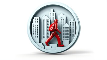 3D illustration of a delivery man walking in a city. The man is wearing a red uniform and a backpack.