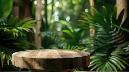 Podium made of wood in an outdoor tropical setting, with blurred greenery as backdrop