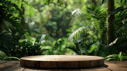Podium of wood in an outdoor tropical forest, with blurred green plants in the backdrop