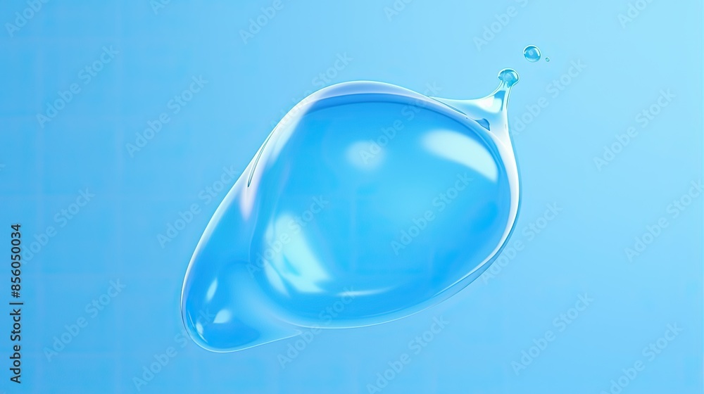 Poster 3d rendering of a blue water droplet. the droplet is smooth and reflective, and it appears to be flo