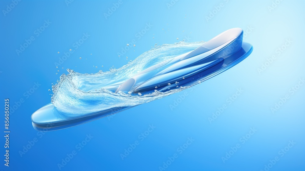 Poster 3d rendering illustration of a contact lens floating on the water surface with a splash.