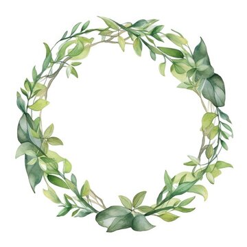 Circular watercolor foliage wreath with green leaves and yellow accents. AIG35.
