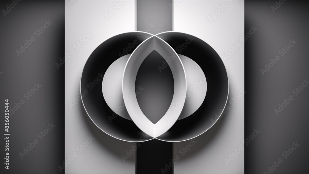 Poster a black and white image with a 3d-like design of interlocking rings in the center.