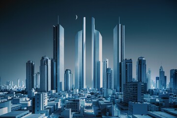 Naklejka premium A blueish night scene of a futuristic city with skyscrapers and a crescent moon.