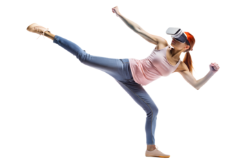 Active young woman throwing a kick in a vr 
game against a white background