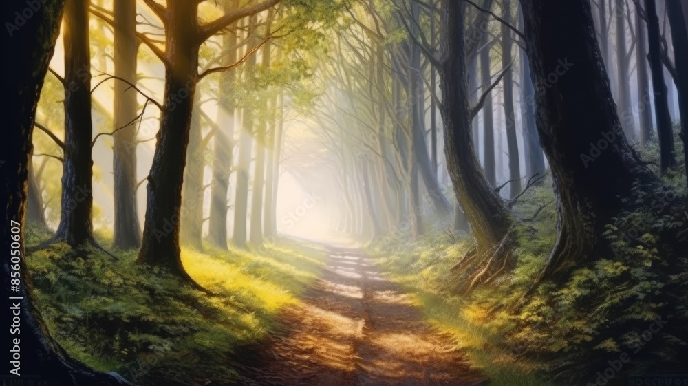 Poster peaceful forest pathway with beam of sunlight filtering through the tree. aig35.