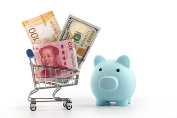100 Chinese Yuan, 100 US Dollar and 100 Russian Ruble bills in a supermarket shopping cart