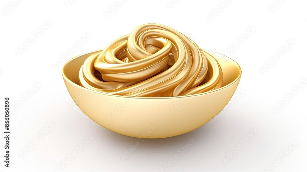 Poster 3d rendering of a golden bowl with a golden swirl inside it. the bowl is sitting on a white surface.