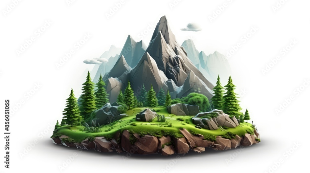 Poster a beautiful landscape with a mountain range in the background. the foreground is a lush green field 