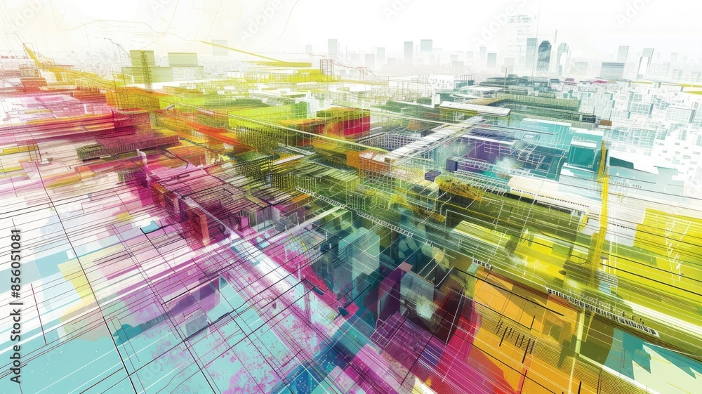 Wall mural abstract architectural sketch of a cityscape with colorful lines. urban. aig53f.
