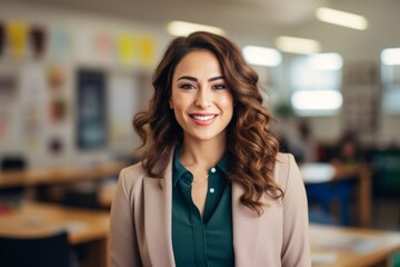 Fototapeta premium Portrait of a smiling female teacher in classroom