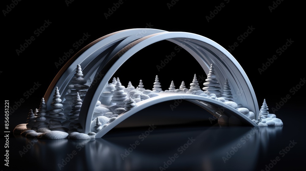 Poster 3d rendering of a glowing arch bridge with a snow-covered landscape and pine trees.