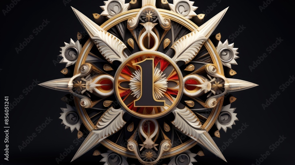 Poster 3d rendering of a number one in a circle. the circle is decorated with intricate patterns and flouri