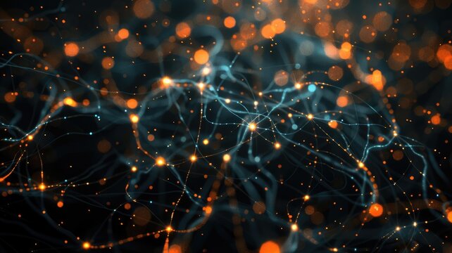 Abstract network of glowing orange and blue lines and dots. Digital. AIG53F.