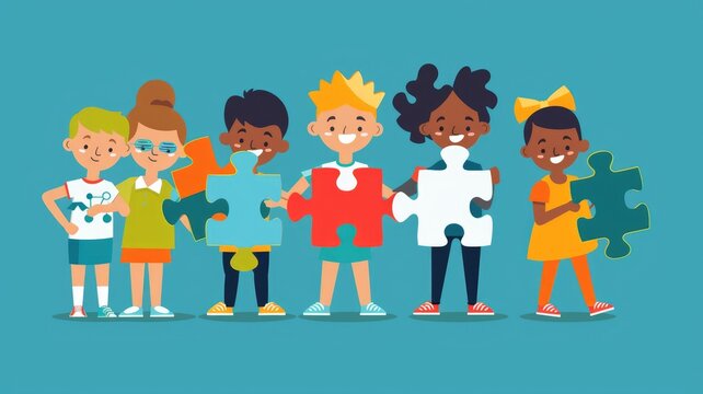 An image of diverse children holding puzzle pieces. Teamwork concept. AIG53F.