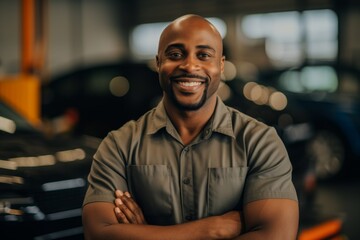 Obraz premium Portrait of a smiling middle aged African American male car mechanic