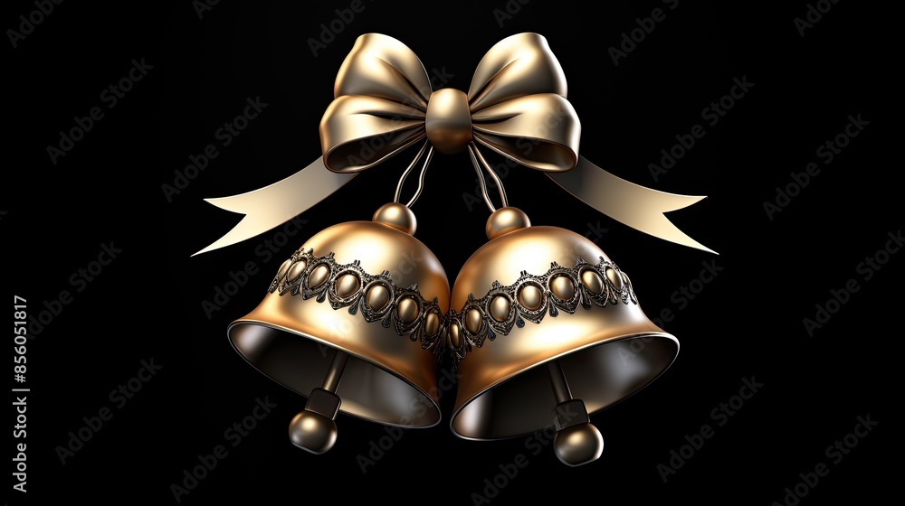 Poster 3d rendering of two golden christmas bells with a bow. the bells are decorated with a pattern of sma