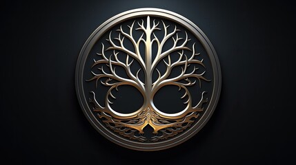 This is an image of a tree with roots in the shape of a circle. The tree is gold and the background is black.