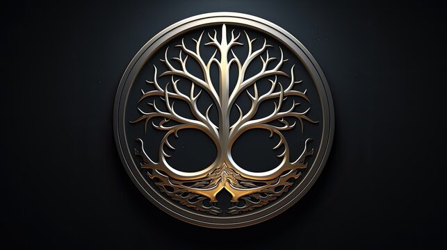 This is an image of a tree with roots in the shape of a circle. The tree is gold and the background is black. - Powered by Adobe