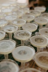 Close-up of multiple champagne glasses filled with bubbly champagne at a celebration event.