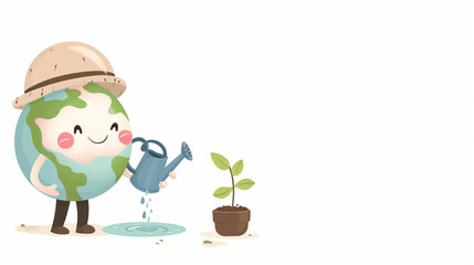 Naklejka premium Cute Earth character watering a plant in a pot