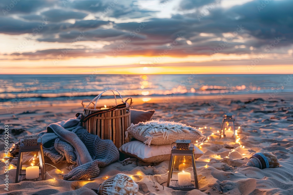 Canvas Prints an imcredably detailed shot of a picknick at the sunset sea beach using ::1 , pink sunset at the sea in the background