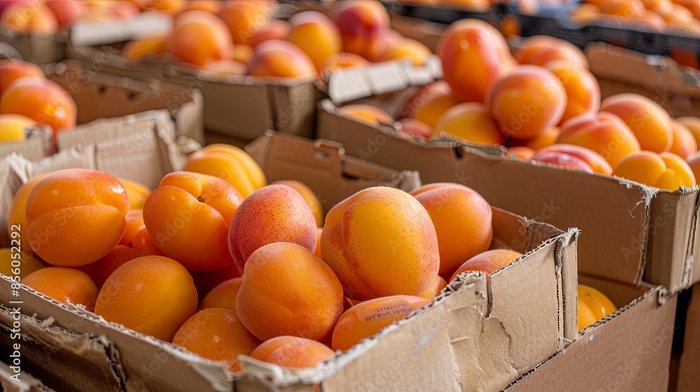 Sticker Apricots Packed in Cardboard Boxes: Juicy apricots packed into cardboard boxes, showcasing