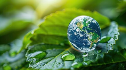 Water drop on a leaf, earth globe concept in soft focus, promoting climate awareness