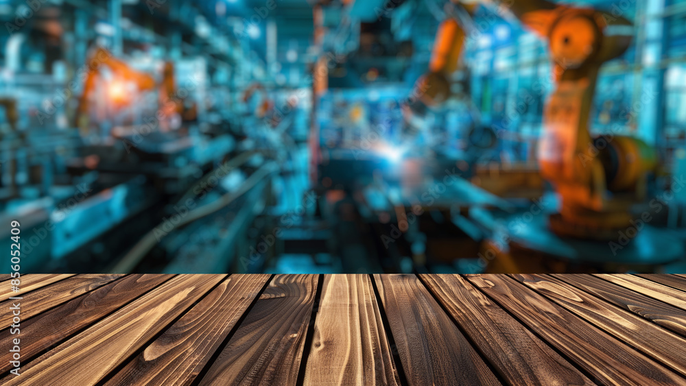 Aufkleber empty wood table top with blur background of factory with robotic arms.