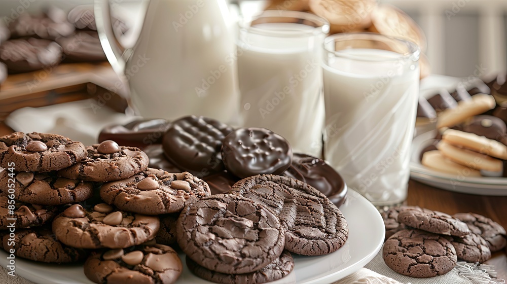 Poster Assorted Chocolate Cookies with Milk: An assortment of chocolate cookies, including chocolate chip