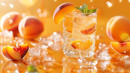 Summery peach cocktail with ice cubes and fruit garnishes on vibrant orange backdrop