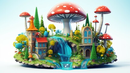Whimsical 3D illustration of a fantasy world with cartoonish houses and giant mushrooms.