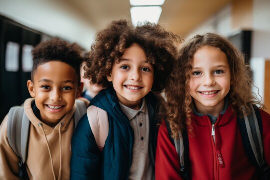 Portrait of diverse school kids in hallway