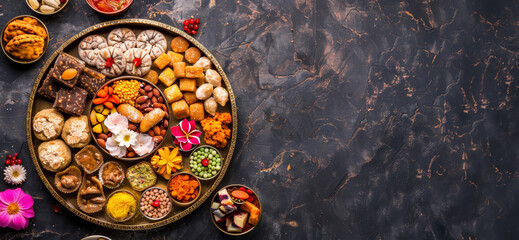 Authentic brass thali with Indian sweets savories, ideal for Diwali or Sharada Navaratri