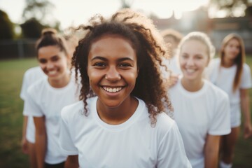 Fototapeta premium Group of happy young female athletes laughing on sports field