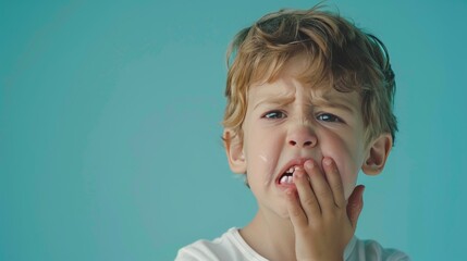 Painful aching suffering face with bad teeth of a child