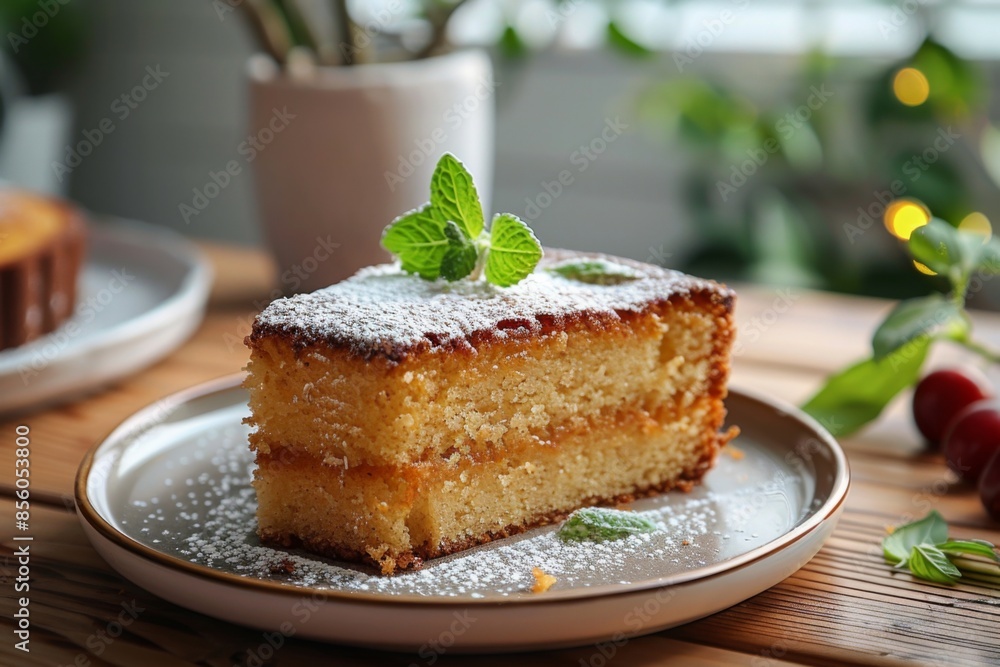 Poster Delicious Slice of Sponge Cake With Mint Garnish