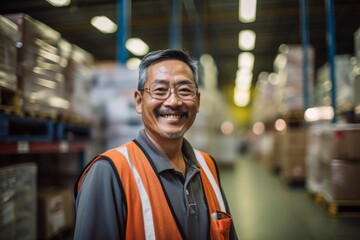 Obraz premium Smiling portrait of middle aged male warehouse worker
