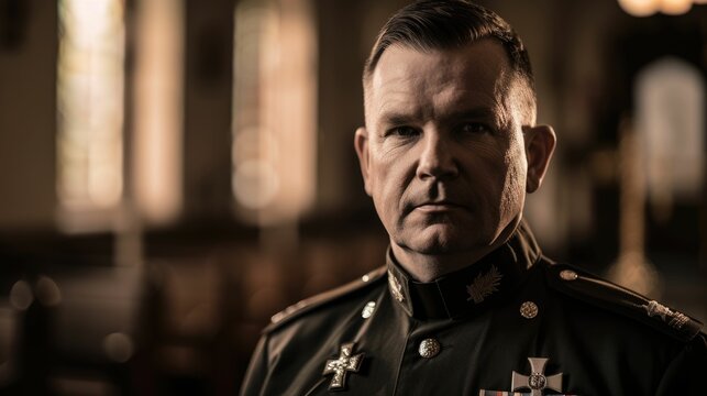 The military officer standing inside the church and working as a priest. AIG43.