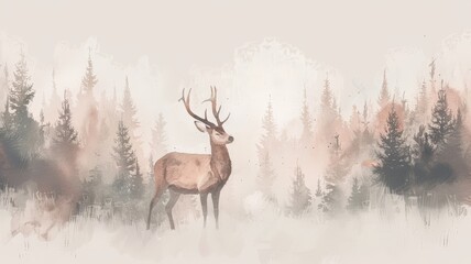 Obraz premium Watercolor Illustration of Whispering Pines and Serene Deer. Misty Forest Tranquility with Delicate Brushstrokes.