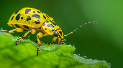 Fototapeta premium Yellow spotted beetle on a green leaf in nature