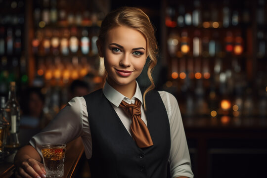 Friendly Female Bartender Smiling and Serving a Drink in a Cozy Bar Setting. Woman in bar. Generative AI