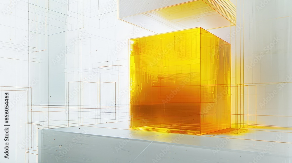Poster 3d rendering of a yellow translucent cube on a white background aig535
