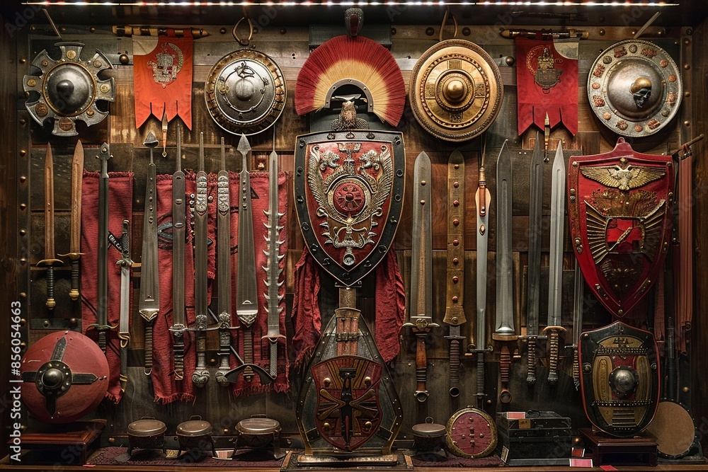 Poster journey back in time with a glimpse of the roman empire military arsenal showcasing a diverse array 