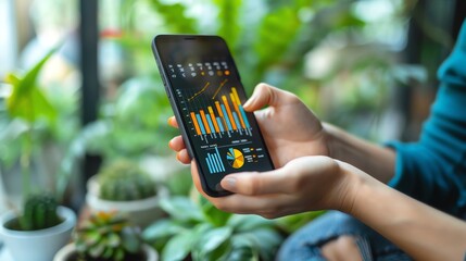 Person using smartphone displaying financial data and charts in a green environment. Business, technology, and investment concept.