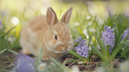 Fototapeta premium A tiny fluffy bunny rests by the verdant lawn and fragrant hyacinth
